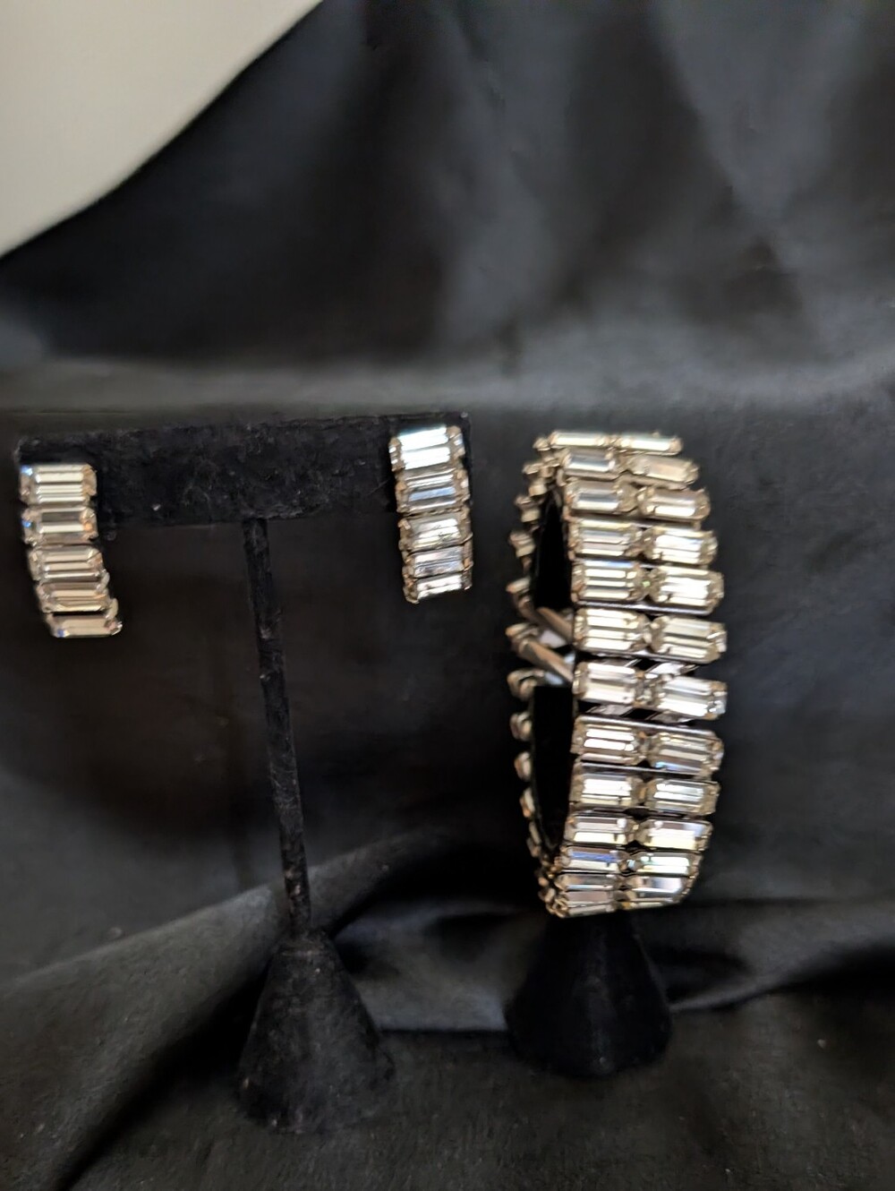 Spectacular Vintage 40s Expansion Silver Crystal Baguette Bracelet & Earrings